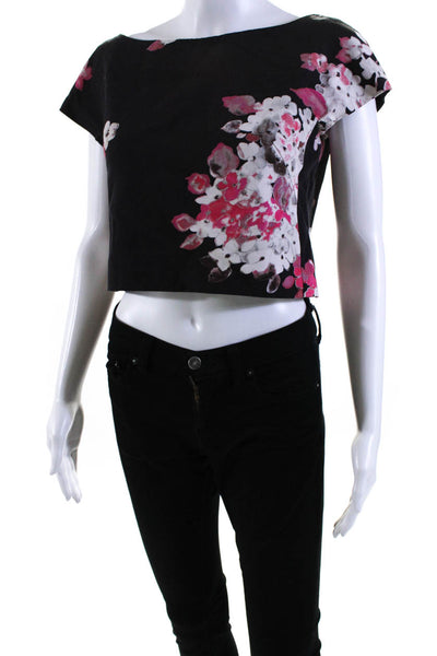 Milly Womens Textured Floral Print Boat Neck Short Sleeve Crop Top Black Size 4