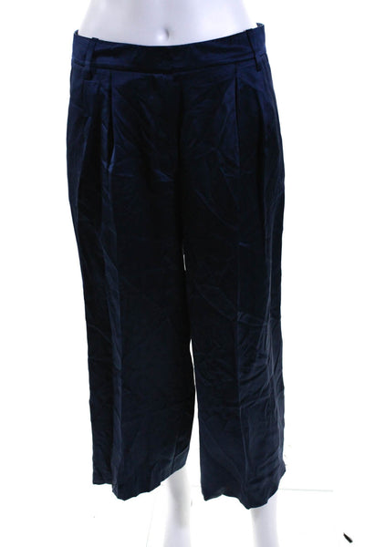 Tibi Womens Silk Charmeuse Pleated Front Wide Leg Pedal Pusher Pants Blue Size 4