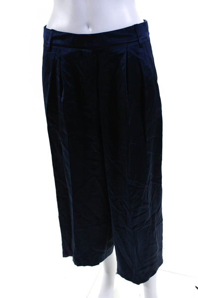 Tibi Womens Silk Charmeuse Pleated Front Wide Leg Pedal Pusher Pants Blue Size 4