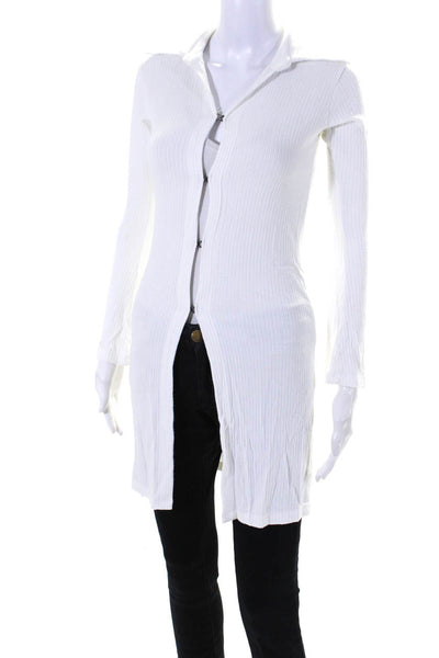 LNA Womens Long Sleeve Ribbed Knit Hook Eye Closure Collared Dress White Size XS