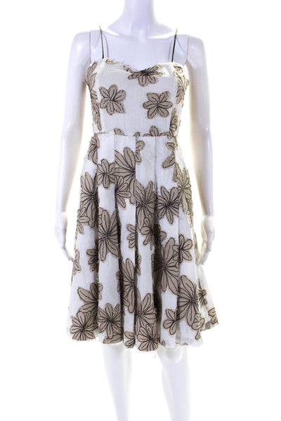 Tibi Womens Embroidered Floral Pi9rnt Strapless A Line Dress White Brown Size 8