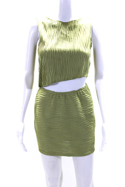 Superdown Womens 2 Piece Textured Asymmetric Top Skirt Set Green Size S