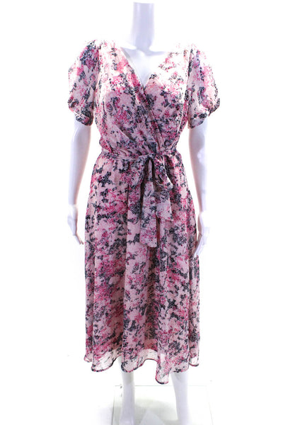 DKNY Womens Floral Abstract Print V Neck Belted A Line Maxi Dress Pink Size 10