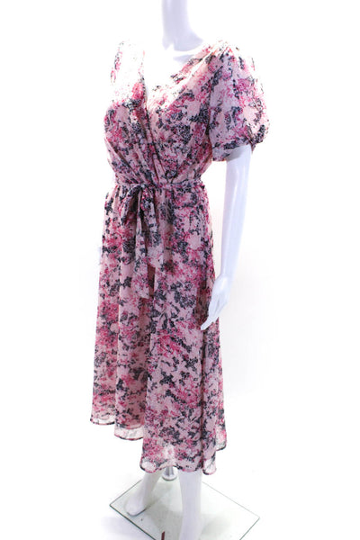 DKNY Womens Floral Abstract Print V Neck Belted A Line Maxi Dress Pink Size 10