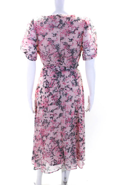 DKNY Womens Floral Abstract Print V Neck Belted A Line Maxi Dress Pink Size 10