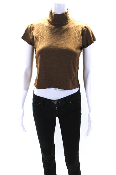 Magaschoni Womens Knit Short Sleeve Turtleneck Crop Top Tee Shirt Brown Medium