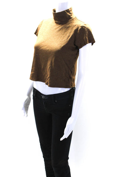 Magaschoni Womens Knit Short Sleeve Turtleneck Crop Top Tee Shirt Brown Medium