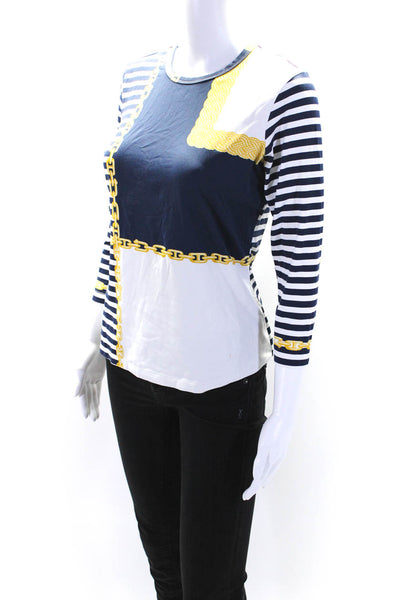 J Mclaughlin Womens Chain Stripe Print 3/4 Sleeve Top Tee Shirt Navy White Small