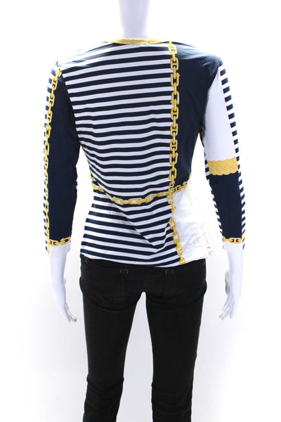 J Mclaughlin Womens Chain Stripe Print 3/4 Sleeve Top Tee Shirt Navy White Small