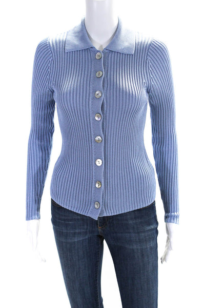 Vince Womens Ribbed Knit Collared Button Up Long Sleeve Blouse Top Blue Size XS