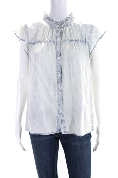 Rails Womens Chambray Acid Wash Flutter Sleeve V-Neck Blouse Top Blue Size S