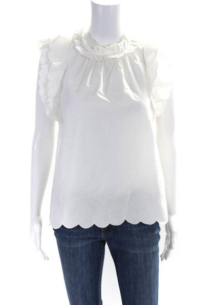 Sea Womens Cotton Heart Embroidered Flutter Sleeve Blouse Top White Size 2