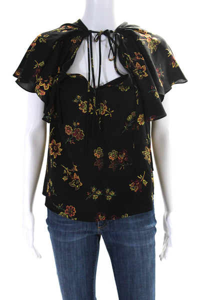 ALC Womens Silk Floral Flutter Sleeve V-Neck Tie Front Blouse Top Black Size 0