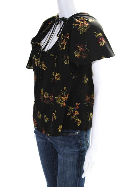 ALC Womens Silk Floral Flutter Sleeve V-Neck Tie Front Blouse Top Black Size 0