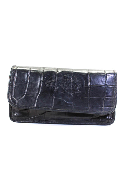 Carlos Falchi Leather Embossed Alligator Snap Flap Front Clutch Handbag Black