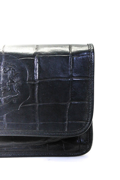 Carlos Falchi Leather Embossed Alligator Snap Flap Front Clutch Handbag Black