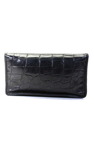 Carlos Falchi Leather Embossed Alligator Snap Flap Front Clutch Handbag Black