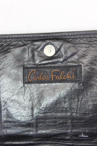 Carlos Falchi Leather Embossed Alligator Snap Flap Front Clutch Handbag Black