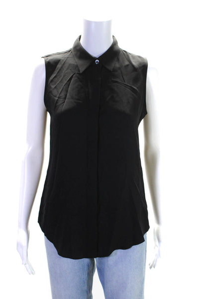 Theory Womens Solid Black Silk Collar Sleeveless Button Down Blouse Top Size P