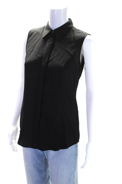 Theory Womens Solid Black Silk Collar Sleeveless Button Down Blouse Top Size P