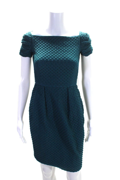 Carolina Herrera Womens Teal Textured Square Neck Short Sleeve Shift Dress Size0