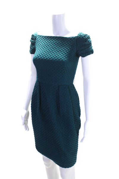 Carolina Herrera Womens Teal Textured Square Neck Short Sleeve Shift Dress Size0