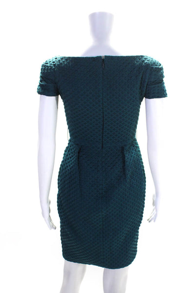 Carolina Herrera Womens Teal Textured Square Neck Short Sleeve Shift Dress Size0