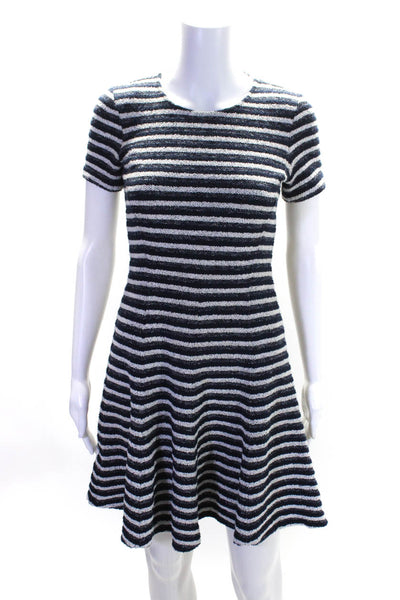 Theory Womens Navy Cotton Textured Striped Short Sleeve Fit & Flare Dress Size 2