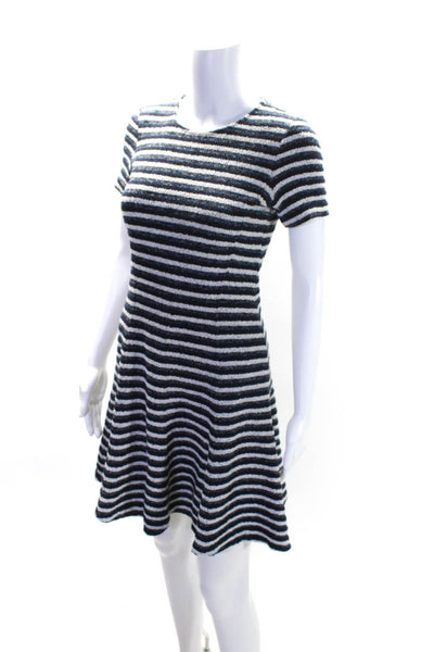 Theory Womens Navy Cotton Textured Striped Short Sleeve Fit & Flare Dress Size 2