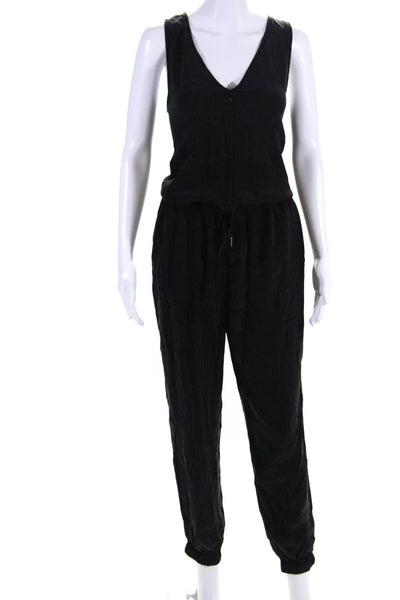 Frame Shirt Womens Silk Charmeuse V neck Zip Up Drawstring Jumpsuit Black Size M