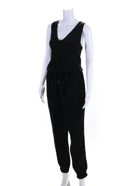 Frame Shirt Womens Silk Charmeuse V neck Zip Up Drawstring Jumpsuit Black Size M