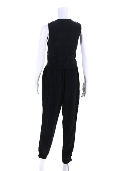 Frame Shirt Womens Silk Charmeuse V neck Zip Up Drawstring Jumpsuit Black Size M