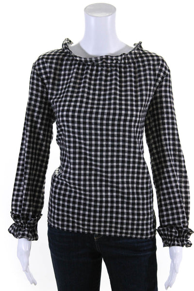 MiH Jeans Womens Long Sleeve Gingham Print Ruffle Trim Blouse Black Size M