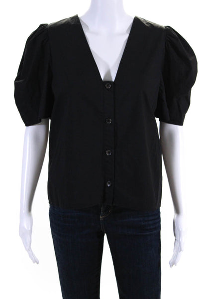 Rhode Womens Cotton Short Sleeve V Neck Button Down Blouse Black Size M