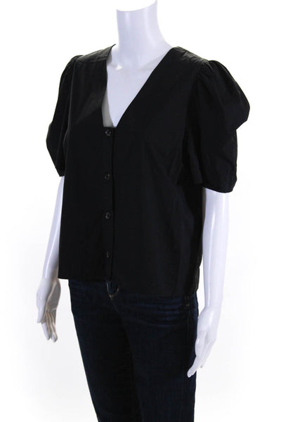 Rhode Womens Cotton Short Sleeve V Neck Button Down Blouse Black Size M