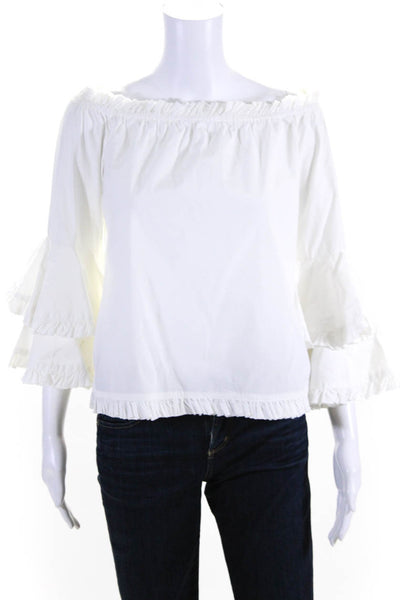 Caroline Constas Womens Cotton Off Shoulder Ruffle Trim Blouse White Size M