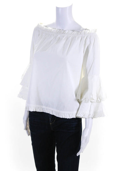 Caroline Constas Womens Cotton Off Shoulder Ruffle Trim Blouse White Size M