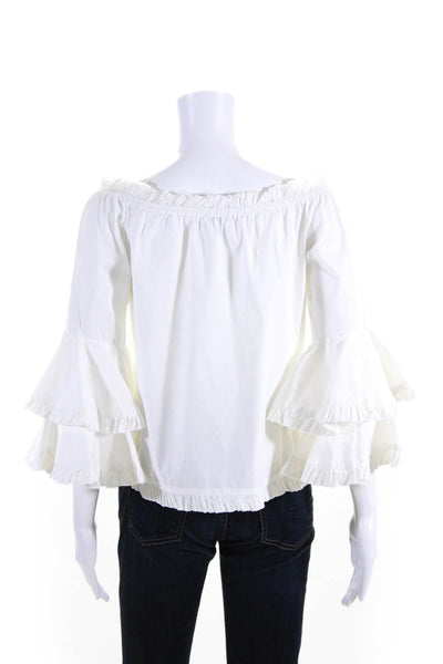 Caroline Constas Womens Cotton Off Shoulder Ruffle Trim Blouse White Size M