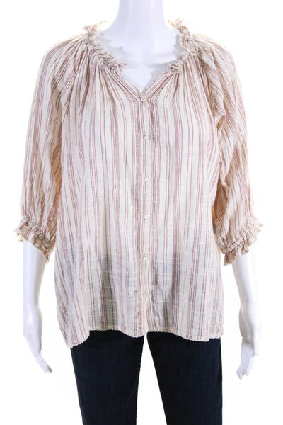 The Great Womens Cotton Long Sleeve Striped V Neck Blouse Red Size 2