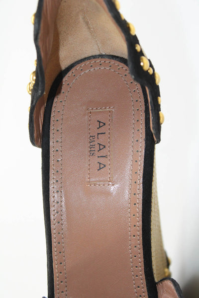 Alaia Womens Platform Raffia Suede Scalloped Studded Sandals Brown Black Size 40