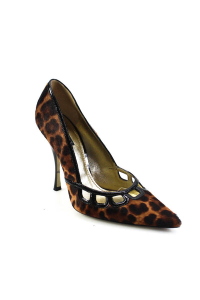 Dolce and Gabbana Womens Stiletto Pony Hair Leopard Pumps Brown Black Size 40