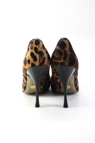 Dolce and Gabbana Womens Stiletto Pony Hair Leopard Pumps Brown Black Size 40