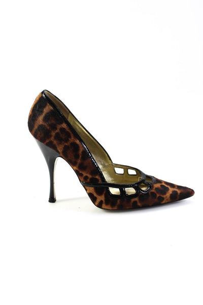 Dolce and Gabbana Womens Stiletto Pony Hair Leopard Pumps Brown Black Size 40