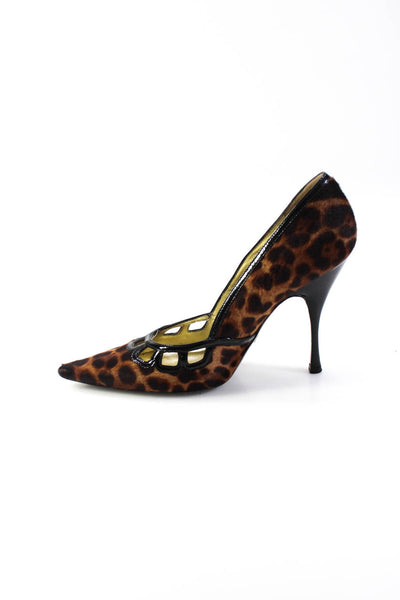 Dolce and Gabbana Womens Stiletto Pony Hair Leopard Pumps Brown Black Size 40