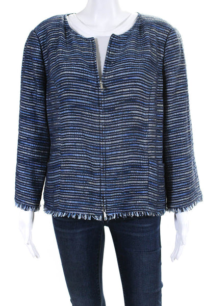 Lafayette 148 New York Womens Cotton Tweed Zip Up Fringe Hem Jacket Blue Size M