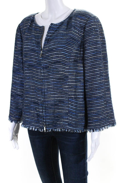 Lafayette 148 New York Womens Cotton Tweed Zip Up Fringe Hem Jacket Blue Size M