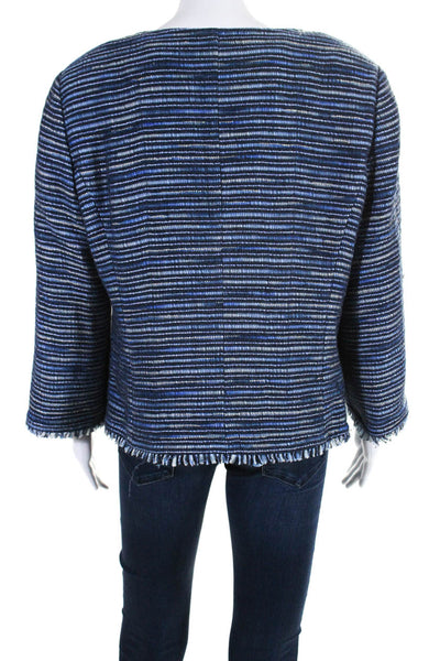 Lafayette 148 New York Womens Cotton Tweed Zip Up Fringe Hem Jacket Blue Size M