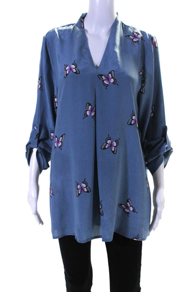 J. Peterman Womens Silk Graphic Print V-Neck Long Sleeve Blouse Blue Size M