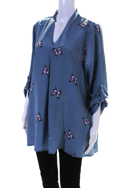 J. Peterman Womens Silk Graphic Print V-Neck Long Sleeve Blouse Blue Size M
