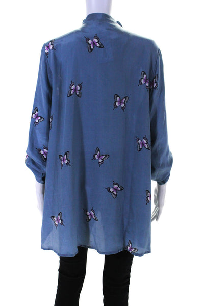 J. Peterman Womens Silk Graphic Print V-Neck Long Sleeve Blouse Blue Size M